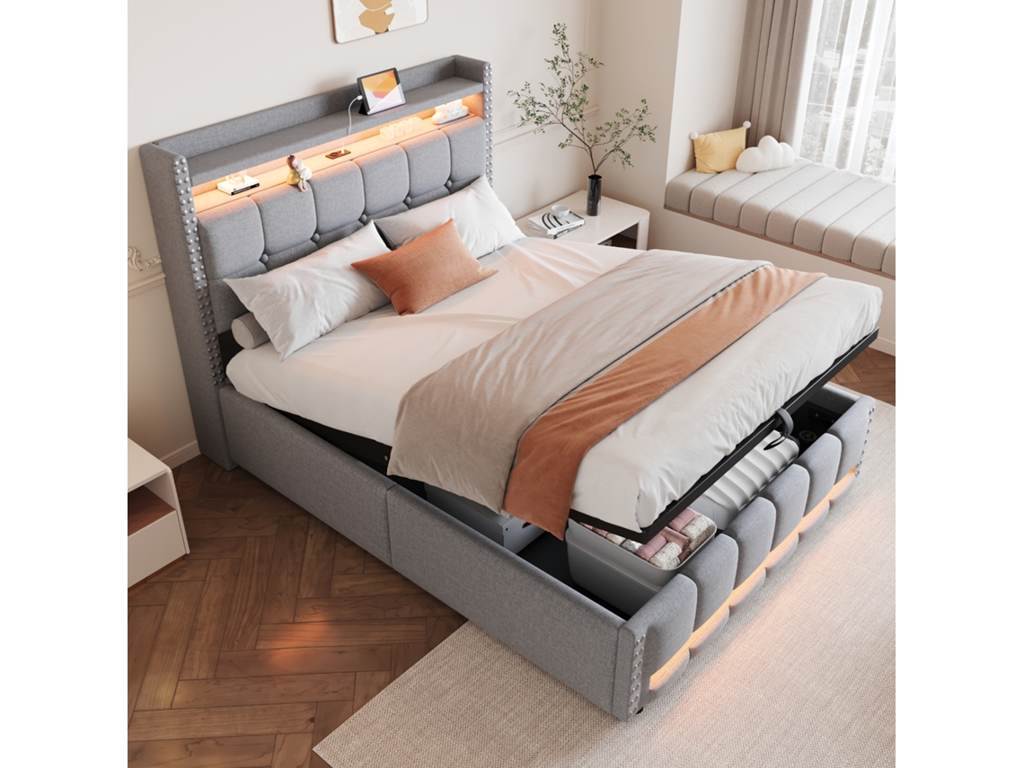 Cama De 140x200 Cm Con Cabecero Led Usb Y Estantes Para Ropa De Cama.