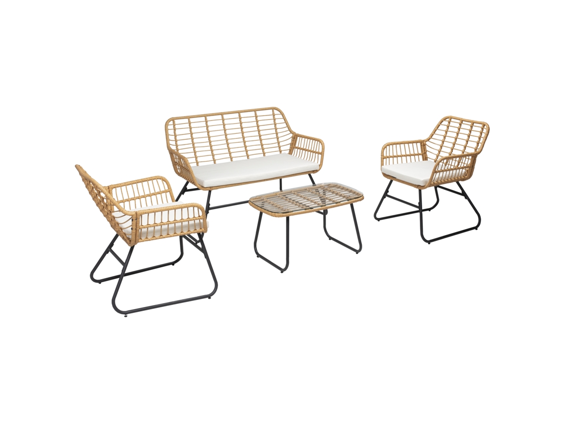 Conjunto De Muebles De Jardín Tiga De Resina Trenzada 4 Plazas - Cojines Crema