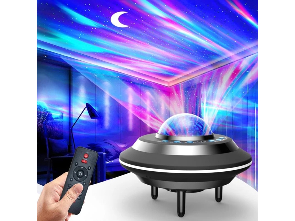 Proyector de auroras boreales y estrellas OVNI 2026 con control remoto, Bluetooth y música portátil para uso nocturno.
