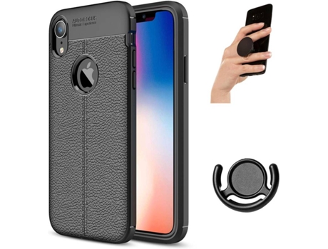 Carcasa + Soporte + Popsocket iPhone XR Rugged Leather Negro