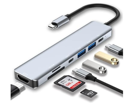 BISBISOUS Hub USB C 7 en 1 con HDMI 4K Dos Puertos USB-C Lector de Tarjetas Usb 3.0 Sd/Tf Gris
