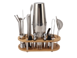 Kit De Coctelería De Acero Inoxidable Con Soporte De Bambú Y Accesorios Completos Para Bar Cocktail Shaker Set