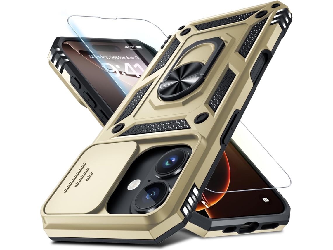 Capa protectora para lente de la cámara del Iphone 14 Pro, resistente a impactos, con soporte de anillo para dedos y soporte, dorada. AEUZWR