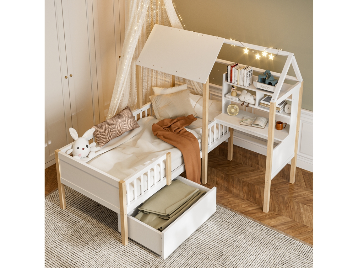 Cama Infantil De 90x200 Cm, Escritorio En Forma De L De Madera Blanca