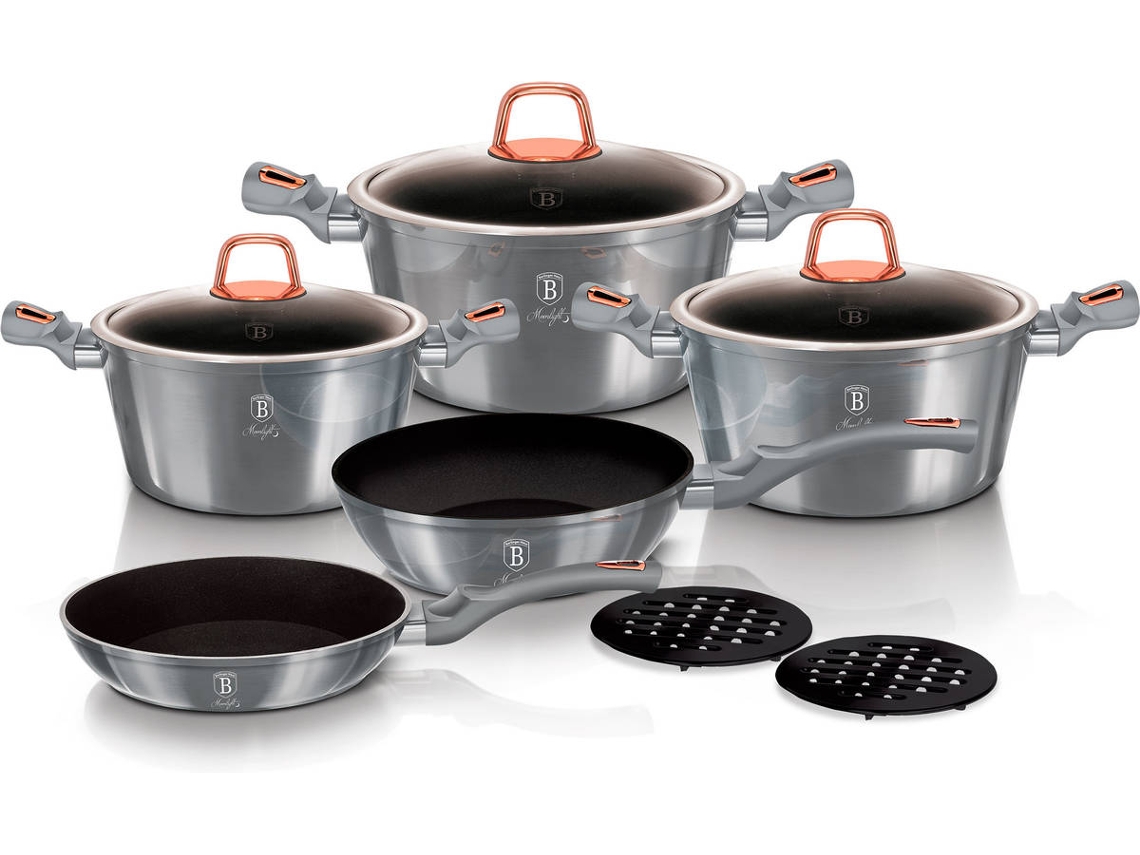 Batería Cocina Inducción 10 Piezas, Antiadherente Mármol Sin Pfoa, Aluminio, Cazuelas Sartenes Berlinger Haus Moonlight Gris