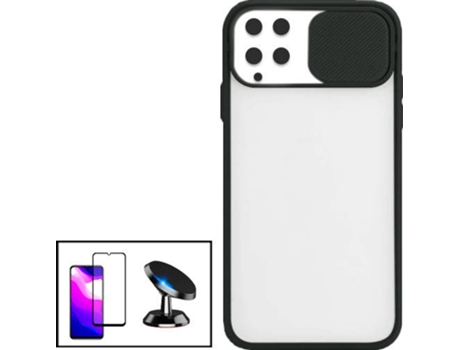 Kit Funda Slide Window Antichoque Frosted, Película 5D Full Cover y Soporte Magnético de Coche Samsung Galaxy A22 4G PHONECARE Negro