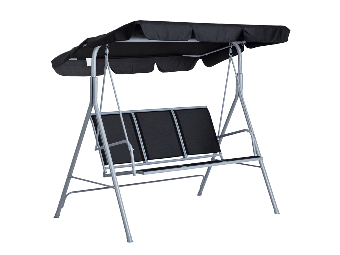 VPMKP - Outsunny columpio de jardín 3 plazas, toldo ajustable, respaldo transpirable, estructura metálica para terraza y balcón exterior, carga 200 kg, 171x108x154 cm negro
