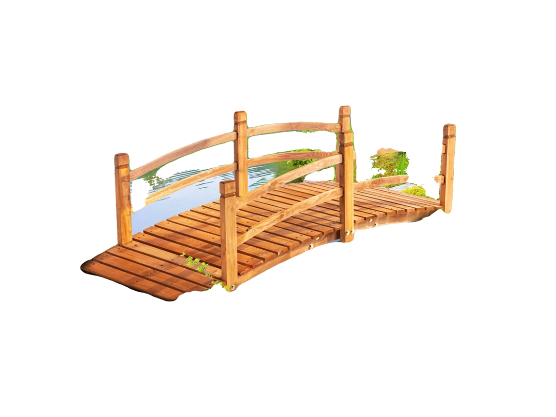 Puente de madera, diseño arqueado, madera de abeto duradera, color naranja.