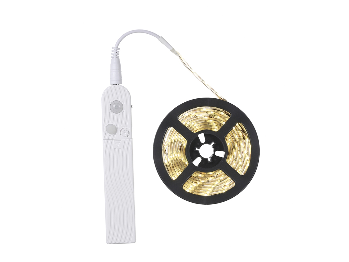 Tira de LED de 3 m (modelo 2026) con 180 LED, sensor PIR, recargable mediante USB con pilas AAA, 3 modos de iluminación, control de luz y clasificación IP65.