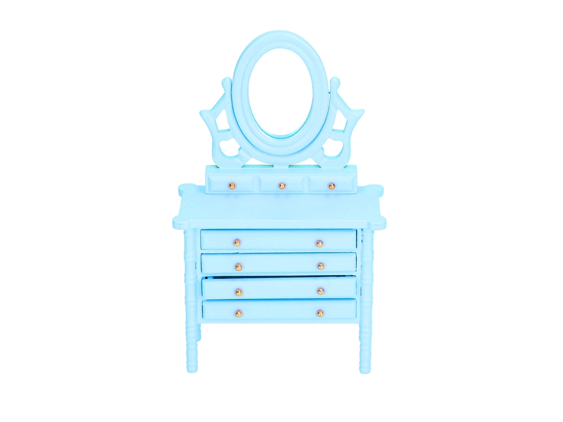 Tocador De Madera En Miniatura Escala 1:12 Para Casa De Muñecas Con Espejo Azul.