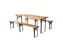 Conjunto de muebles de exterior para fiestas, 3 piezas, mesa plegable de 220 cm y 2 bancos, madera de pino resistente, compacta e impermeable, soporta hasta 200 kg.