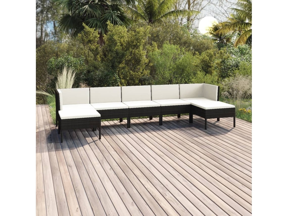 Conjunto de jardín de 7 piezas con cojines, mimbre sintético negro, DKD Home Decor