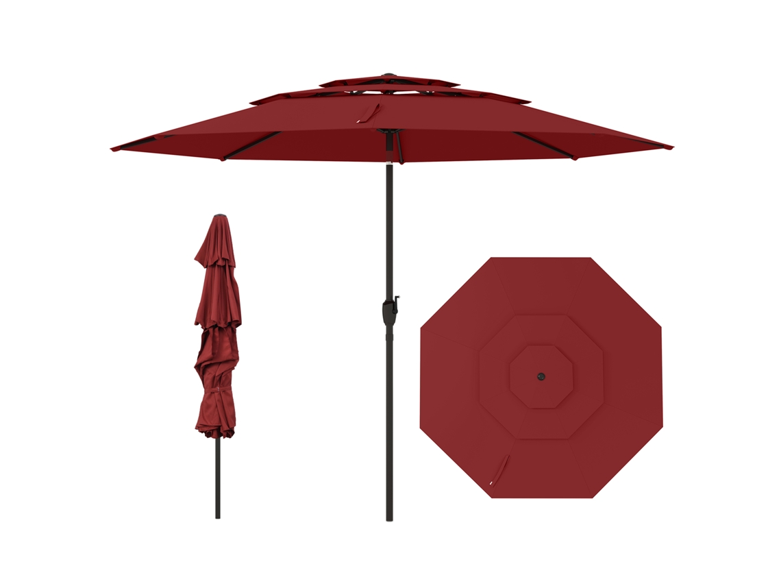 Paraguas De Tres Capas Con Mango Giratorio Costway Parasol Con Botón De Inclinación (φ300 Cm - Poliéster -vino)