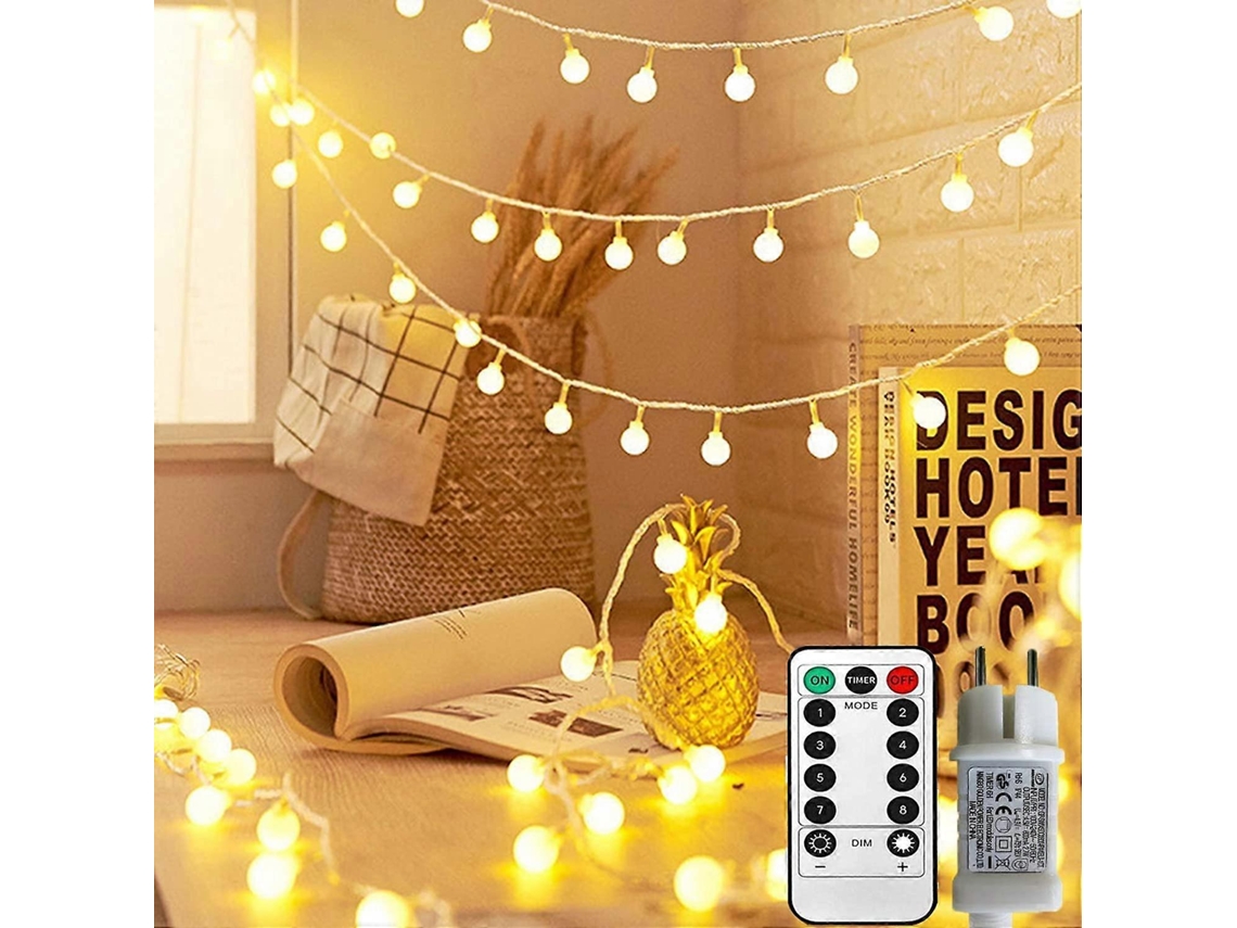 Rebe-luces De Cadena Led 100 Modos 8 Control Remoto 33ft Blanco Cálido Impermeable Interior Exterior