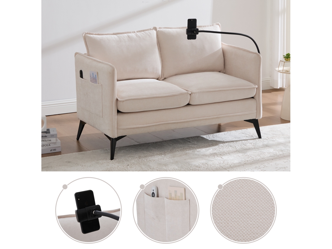 Sofá doble pequeño con bolsillo lateral y soporte ajustable para teléfono, cómodo para sala de estar, dormitorio y apartamento.