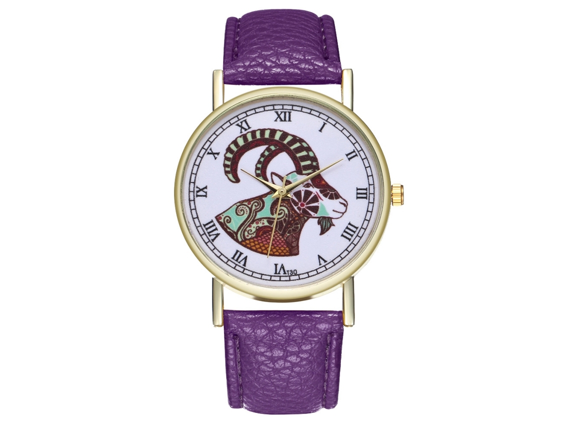 Reloj De Cuarzo Unisex Con Correa De Cuero Pu Moda Dial De Cabra Casual Morado