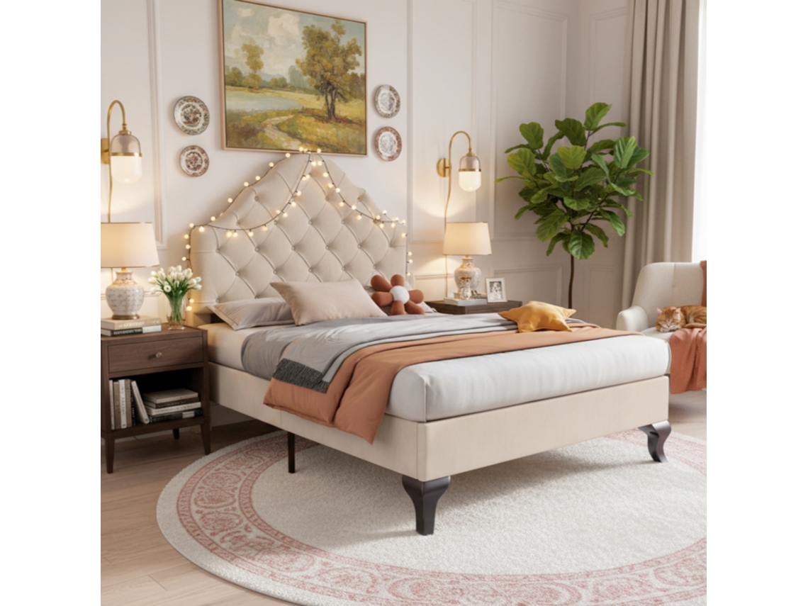 Cama Individual De 90x200 Cm, Cabecero Regulable, Somier De Láminas De Madera, Terciopelo Beige, Fácil Montaje.