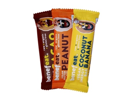 Caja de 12 Barritas Energéticas BENEFEAT Bio en 3 Sabores (Coco y Plátano, Cacao y Cacahuete)