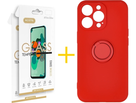 Carcasa + 2 Protectores de Vidrio iPhone 13 Pro ACCETEL Gel O-Ring Rojo