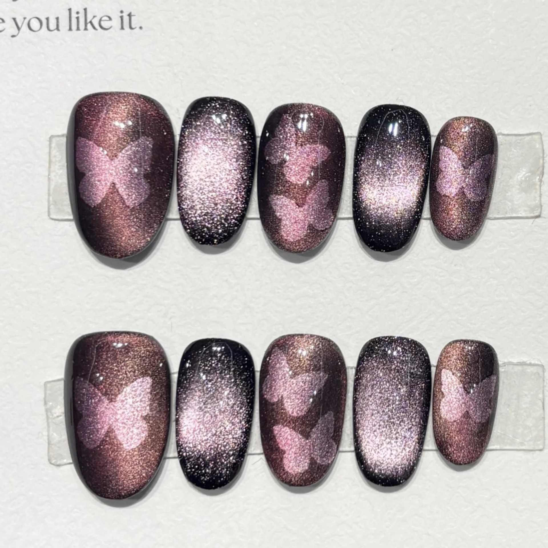(510-m) Paquete De 10 Pegatinas De Uñas Postizas Hechas A Mano, Estilo Ojo De Gato, Cortas Y Ovaladas.