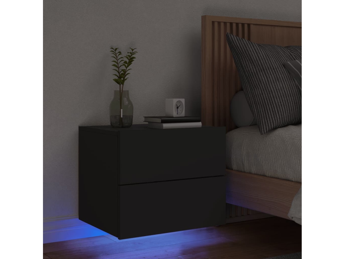 Mesita de Noche Pared Luces Led Madera Negro