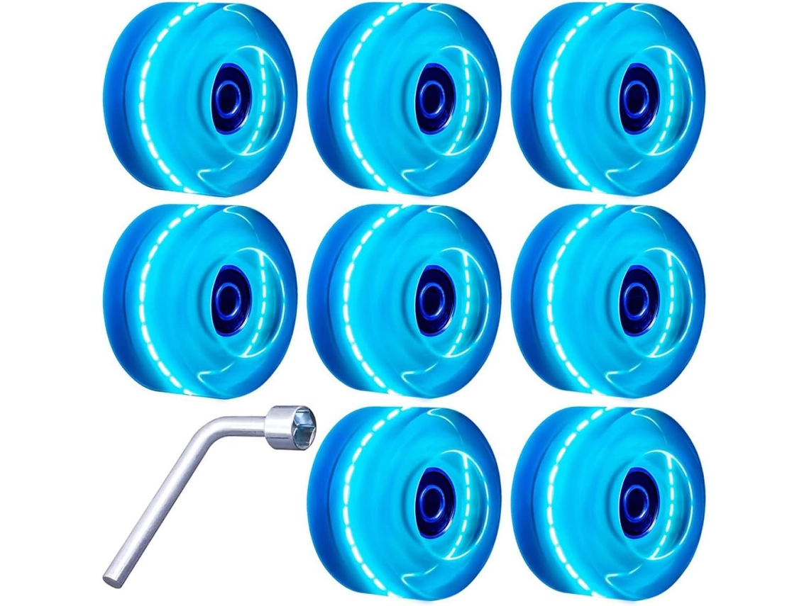 Ruedas para patines con luces azules, para uso en interiores y exteriores.