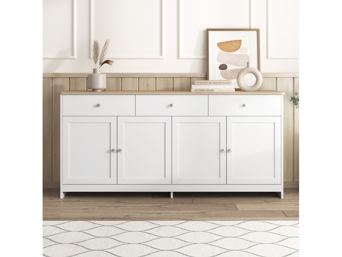 Aparador de salón con 4 puertas y 3 cajones, estilo tablero de partículas blanco
