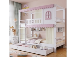 Litera Rosa (90x200 Cm) Con Ventanas, Cortinas Y Cajones.