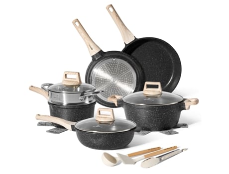 Batería de Cocina Inducción JUST PERFECTO Sin ptfe y pfoa 14 piezas Negro con Tapa Antiadherente