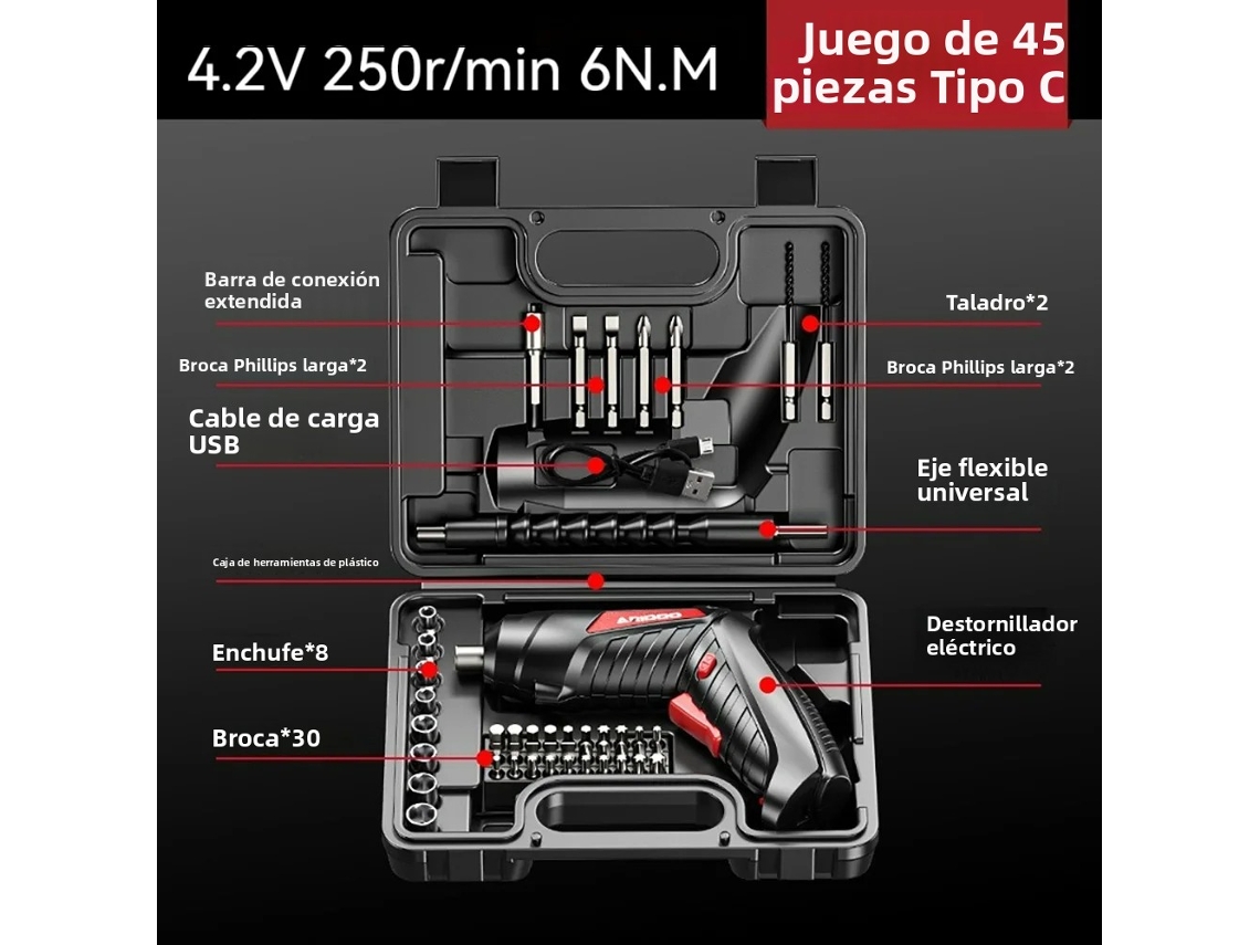 (juego En Caja De 45 Piezas) Juego De Destornilladores Eléctricos Inalámbricos Recargables De 4,2 V Con Batería Y Taladro