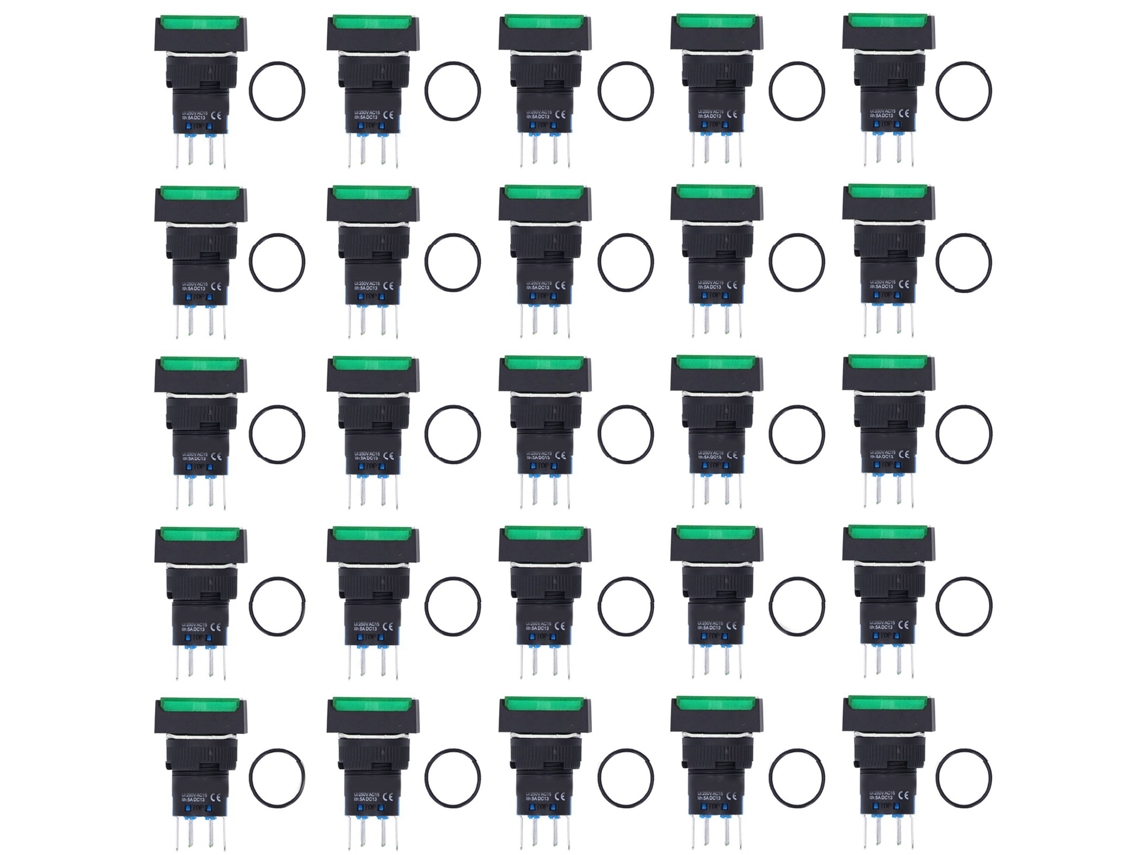 25 Pulsadores Micro Cuadrados Con Luz, 16 Mm, 12 V, Abs Verde, Latón, Autoblocante.