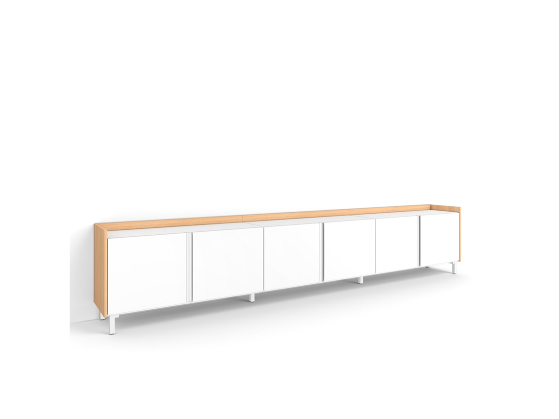 Mueble Tv, Televisión, 309x35x61cm, Para Tv Hasta 80", Diseño Industrial, Blanco Y Roble Soft