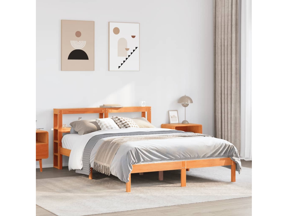 Estructura Cama Con Cabecero Madera Pino Marrón Cera 135x190 Cm
