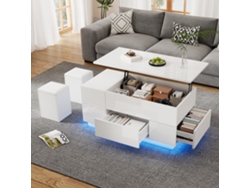 Mesa De Centro 100x50x45 Cm - Sofá Con 2 Taburetes, 2 Cajones, Led, Altura Ajustable - Blanco