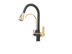 Grifo de cocina con doble manija y caño giratorio, color negro dorado OEM