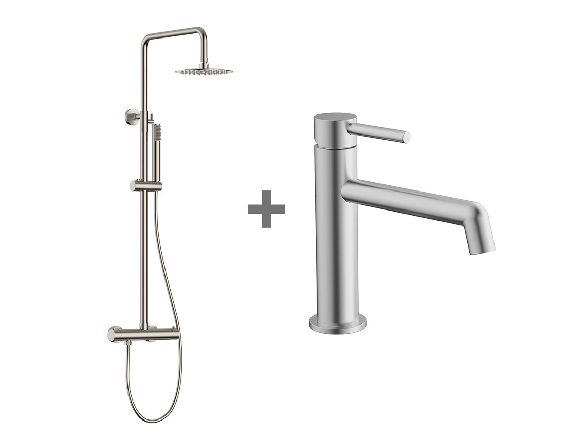 Conjunto de columna y grifo para lavabo monomando Kibath, acabado en níquel cepillado y latón.