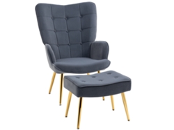Sillón Con Reposapiés, Sillón Tapizado Con Respaldo Alto, Patas De Acero Dorado Y Tela De Terciopelo Gris Oscuro.