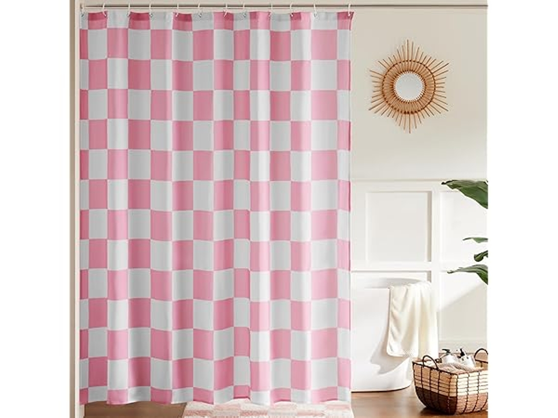 Cortina De Ducha A Cuadros Con Un Bonito Estampado Retro, Lavable A Máquina, Rosa, 183 X 183 Cm, Limpieza Profunda, Para Uso Doméstico.