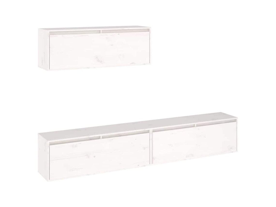 Conjunto de mueble de TV de 3 piezas, madera maciza de pino, blanco, EXCLUSIVO DE LA CASA