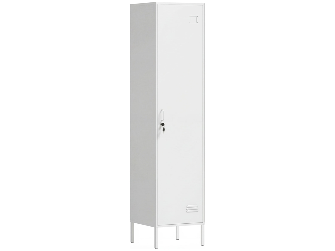Armario Metálico Con Puerta Con Cerradura, Portatarjetas, Barra Para Colgar Ropa, 179 Cm, Blanco.