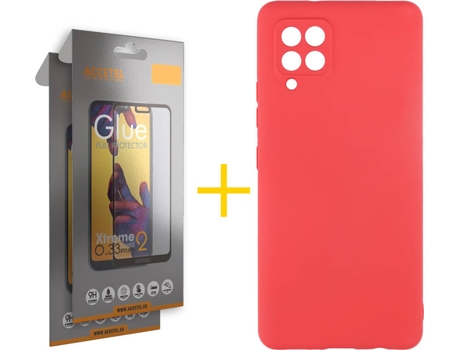 Carcasa y 2 Protectores de Pantalla de Vidrio Full Samsung A42 4G ACCETEL Silicona Líquida Rojo