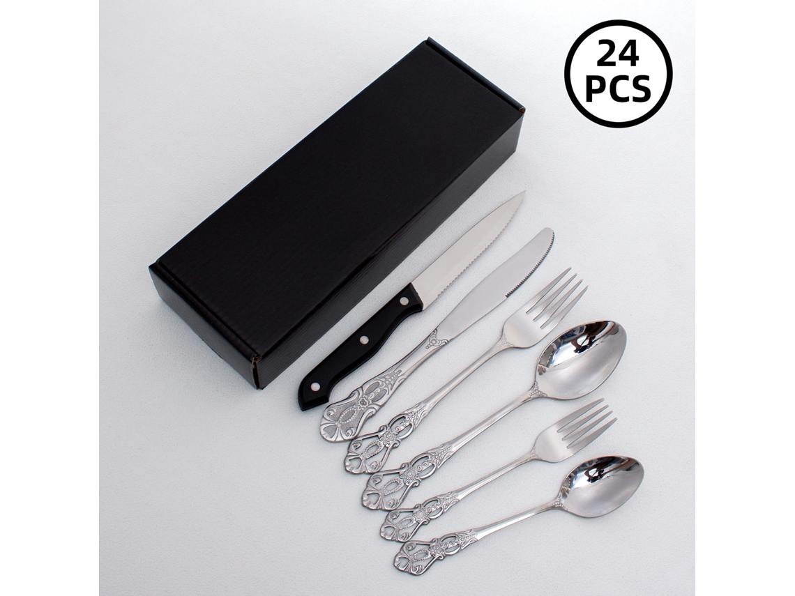 Vajilla plateada MDUG de 24 piezas con cubiertos y cucharas de acero inoxidable con diseño en relieve