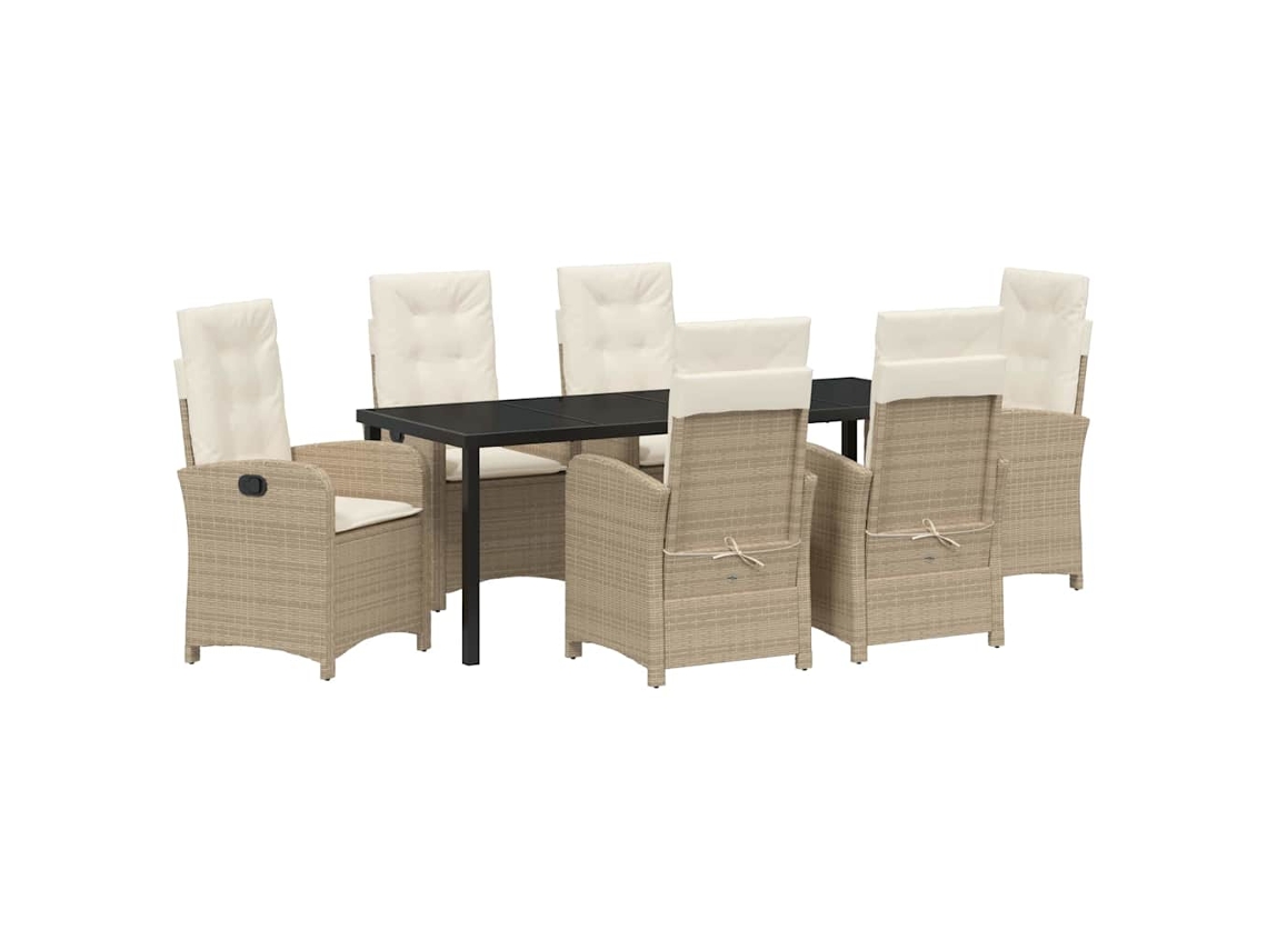 Conjunto de comedor de jardín de 7 piezas en mimbre beige con cojines. EXCLUSIVO DE MAISON.