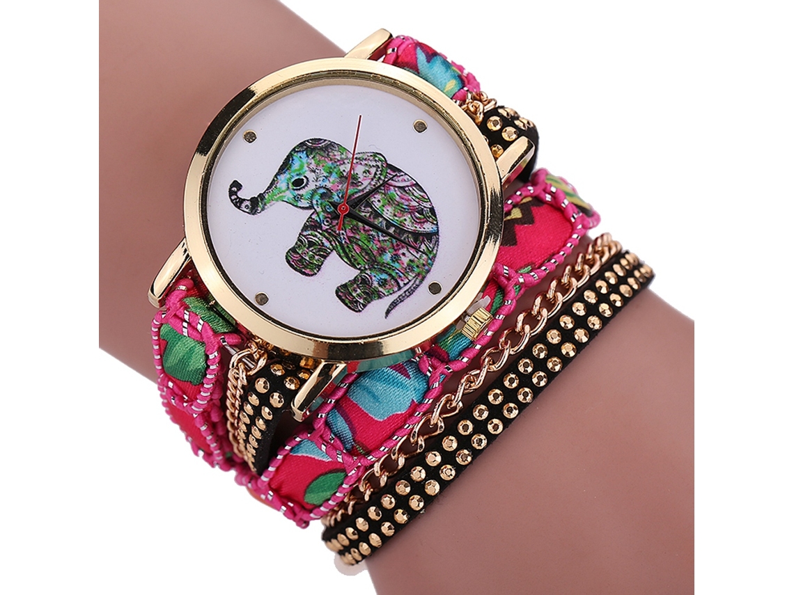 Reloj De Pulsera De Estilo Étnico Para Mujer Con Brazalete Multicapa, Cuarzo Rosa Rojizo