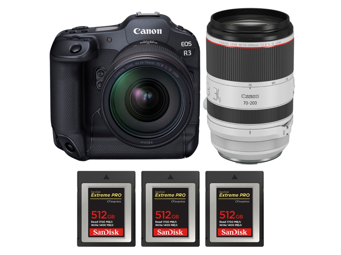 EOS R3 + RF 24 70 mm F/2.8 L IS USM + RF 70 200 mm F/2.8 L IS USM + 3 tarjetas Sandisk Extreme Pro de 512 GB Cfexpress Tipo B + Libro electrónico Pricedirect CANON