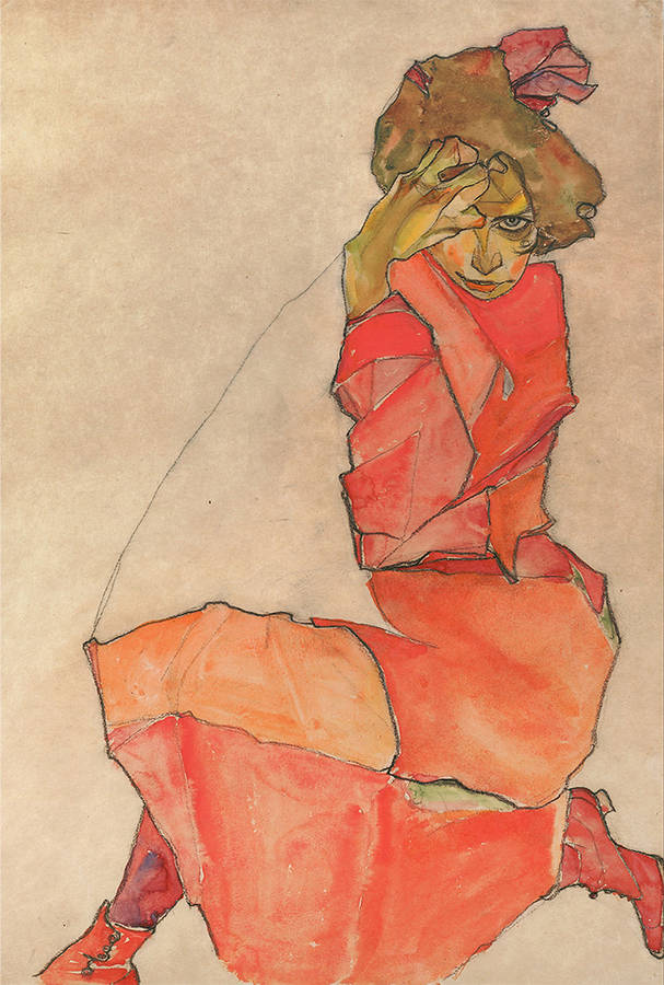 Legendarte Cuadro Lienzo digital mujer arrodillada con vestido naranjarojo egon schiele decoración pared cm. 60x90 pintura 60x90cm