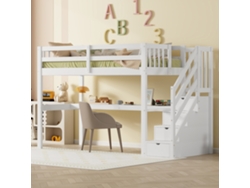 Cama Alta Infantil Blanca (90x200 Cm) Con Cajones Y Escritorio.