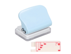Perforadora de 3 agujeros con regla para posicionamiento rápido, cuerpo metálico azul claro para documentos