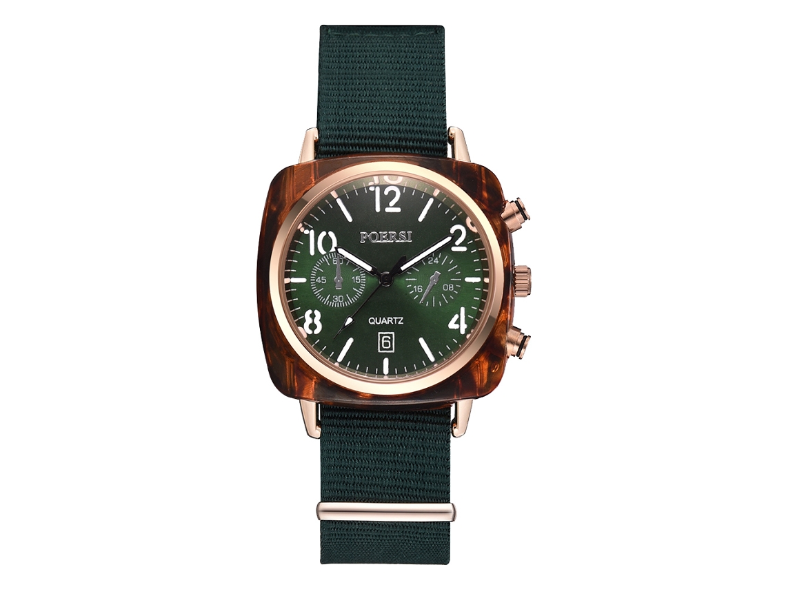 Reloj De Cuarzo Para Hombre De Moda Con Correa De Lona Zona Horaria Triple Verde