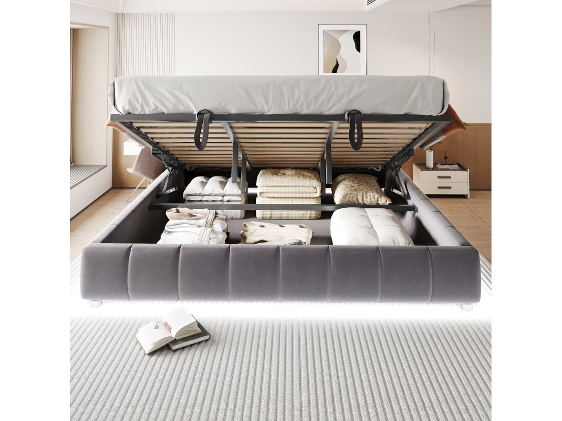 Cama Individual 180x200 Cm - Sin Cabecera, Con Tira De Luz Led, Marco Flotante Hidráulico Con Almacenamiento - Gris